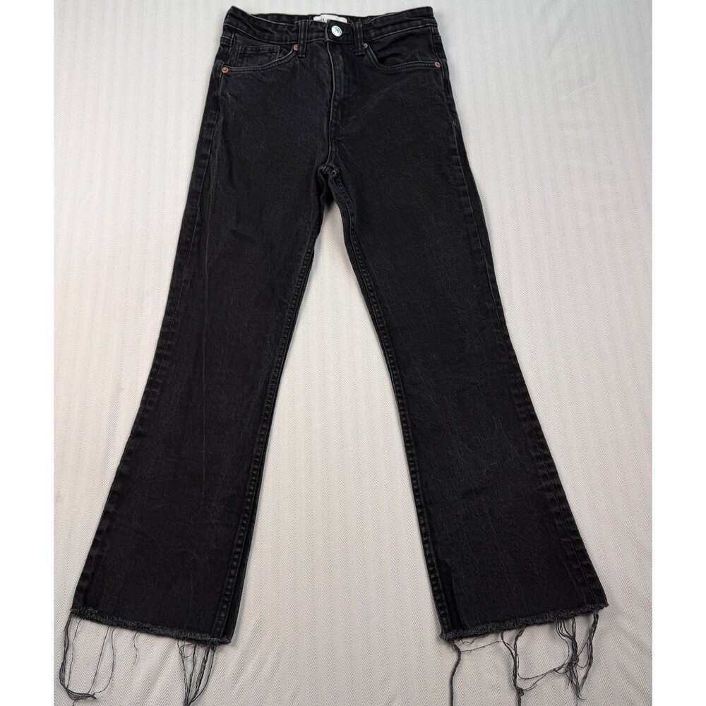 Zara Womens Size 2 Black High-Waist Cropped Frayed Hem‎ Straight Leg Jeans